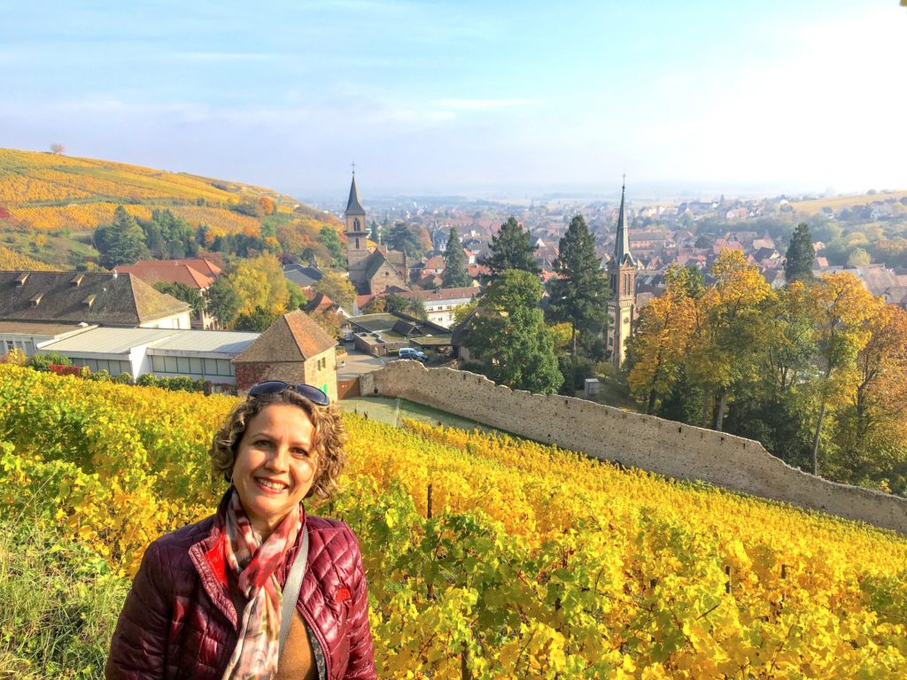 Alsace vineyards and Ribeauville village in autumn