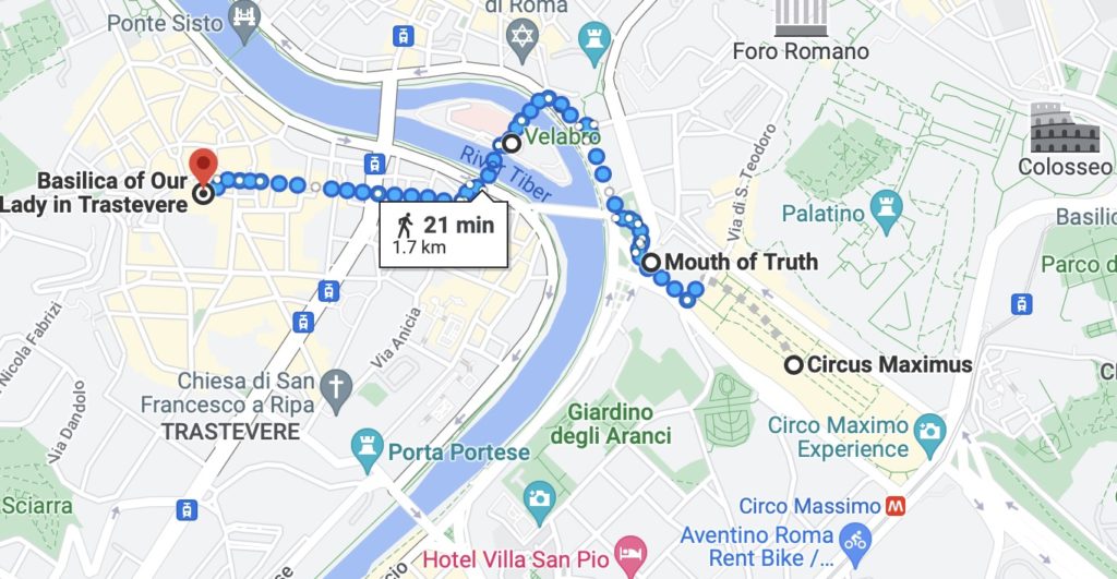 Circus Maximus to Trastevere walking map, Rome with kids